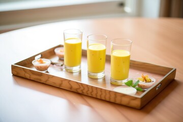 serving tray with small shot glasses of mango lassi for a tasting event