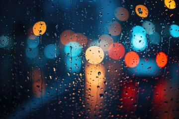 City Street View Through Rain Covered Window