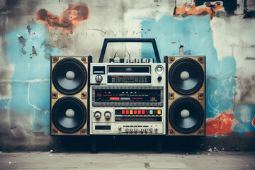 Vintage music sound speaker wall  on a grunge painted wall background. - obrazy, fototapety, plakaty