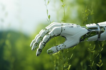 close-up of a robotic hand amidst green foliage, illustrating harmony between technology and nature. Perfect for concepts of AI, innovation, and environmental conservation.