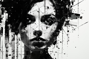 Abstract contemporary art collage portrait of young woman in black and white - obrazy, fototapety, plakaty