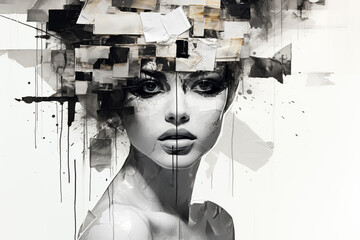 Abstract contemporary art collage portrait of young woman in black and white