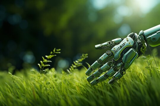 d close-up of a robotic hand amidst green foliage, illustrating harmony between technology and nature. Perfect for concepts of AI, innovation, and environmental conservation.