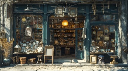 Fototapeta na wymiar An antique shop with a weathered exterior, showcasing unique treasures and trinkets in its display windows, tempting curious shoppers to step inside