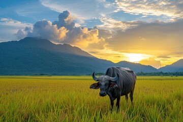 buffalo in the rice fields with the beauty of the sky and mountains
