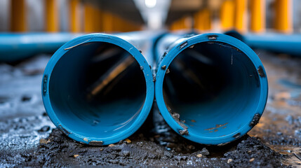 Blue water pipes positioned on muddy construction ground - obrazy, fototapety, plakaty