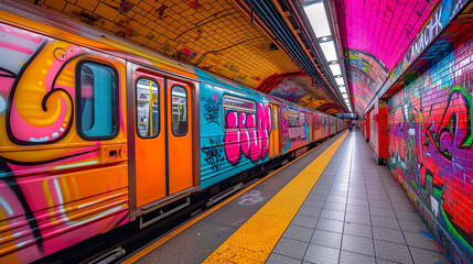 Fototapeta premium Vibrant Graffiti Art on Subway Train