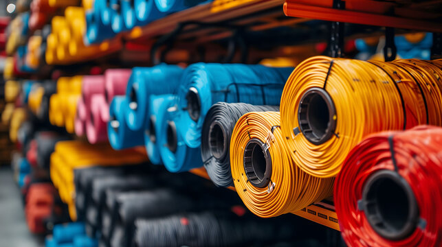 Colorful rolled electrical cables stored on warehouse shelves
