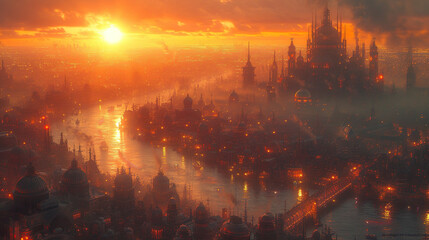 Sunset Over the Industrial Fantasy City