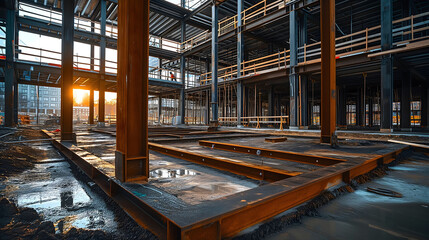 Golden sunset beams through the skeleton of an emerging structure