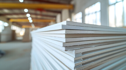 Stacked drywall sheets ready for installation in a construction site - obrazy, fototapety, plakaty