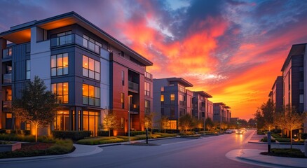 modern apartment building near the street at sunset