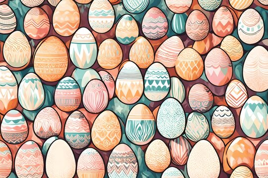 Dynamic and captivating, an illustration showcases interlocking Easter eggs in a seamless pattern, radiating retro charm against a backdrop of soft pastel colors.