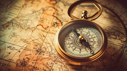 Fototapeta na wymiar Old compass on vintage map