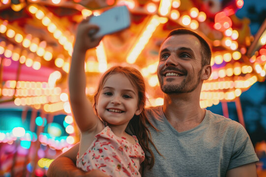 A father and his daughter taking selfie at a carnival amusement park