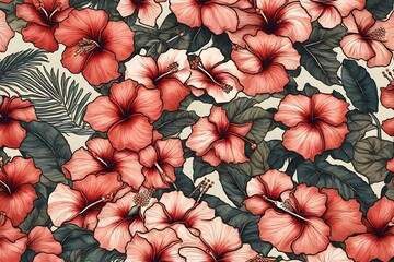 An HD camera's lens capturing the detailed beauty of tropical hibiscus flowers, artfully arranged in a seamless pattern with a vintage touch.