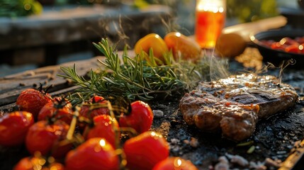 Barbecuing or grilling meats and vegetables outdoors, capturing the essence of outdoor cooking