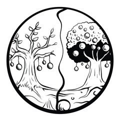 2 side of olive trees in a circle. vector line art black and white illustration