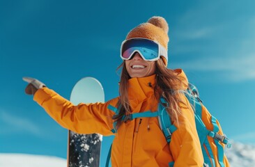 Fototapeta na wymiar woman in orange ski jacket, pointing and holding snowboard