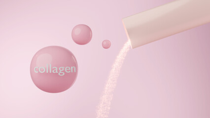 Collagen powder pouring from packaging. 3D rendering.