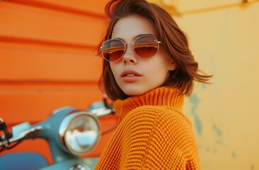 a girl with sunglasses on an orange background
