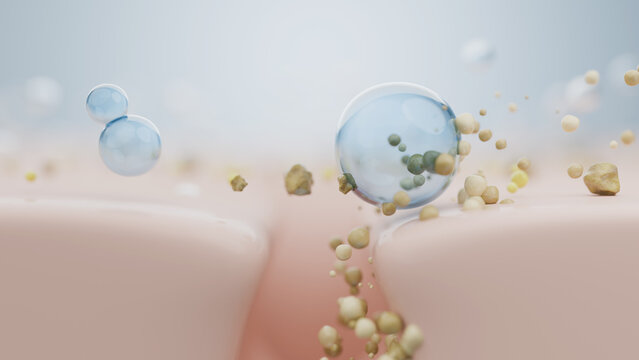 Bubble cleansing foam clear oily and clogged pore while washing face skin. Acne and blackhead prevention concept. 3D rendering.