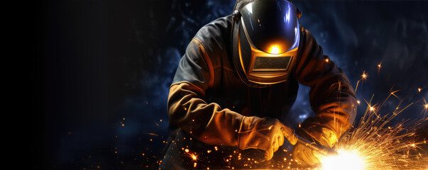 Metal welder working with arc welding machine to weld steel at factory. generative ai