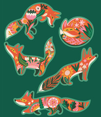 Sticker set of five sweet red foxes with floral pattern in folk style