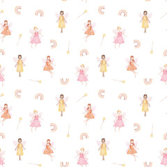 Watercolor seamless pattern with fairies and rainbows. Little sorceress girls with wings. For printing on textiles, paper, wallpaper.