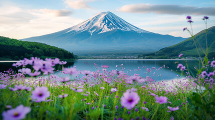 Mt. fuji and lake with flower, Mount fuji is landmark japan destination.