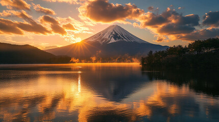 Mt. fuji and lake in morning with sunrise, Fuji is landmark japan destination.