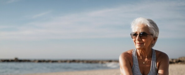 Beautiful senior woman in relaxation on the sea beach  in vacation. Banner. Lifestyle. Copy space. 