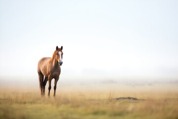 single horse standing in mist, grassland backdrop