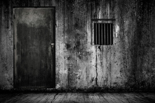 Abstract background scary old cement wall and floor, and the door, and window with rusted iron bars, the concept of horror and imprison