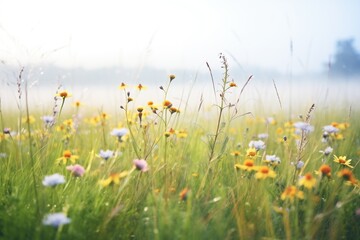 patches of wildflowers poking through pasture mist - obrazy, fototapety, plakaty