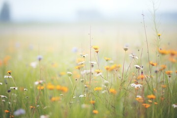 patches of wildflowers poking through pasture mist © studioworkstock