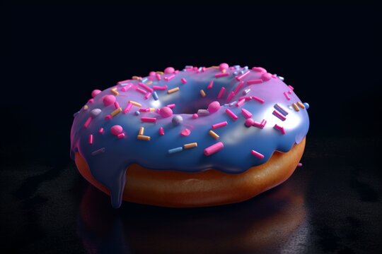 Purple glazed donut Snack food isolated on blue background