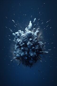 Blue powder explosion debris splash bomb on blue background