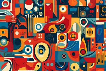 Harmony meets vibrancy as abstract shapes converge in a seamless pattern, bathed in the allure of trendy primary colors in retro style.