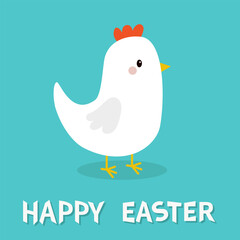 Happy Easter. White hen chicken bird icon. Cute cartoon funny kawaii baby chick character. Flat design. Greeting card. Education for kids. Wings, beak. Blue background. Isolated.
