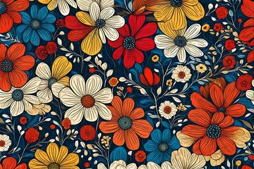 Blooms of retro elegance converge in an illustration, crafting a seamless pattern with vibrant primary colors in a captivating dance.