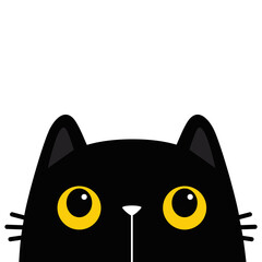 Cat head silhouette. Black peeking kitten face with big yellow eyes. Cute cartoon character. Kawaii funny animal. Baby greeting card. Pet collection. Sticker print. Flat design. White background.