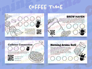Coffee loyalty card caffeine beverage bonus coupon engraving retro design template set vector