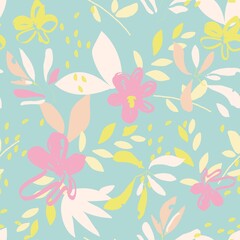 Abstract floral seamless pattern. Bright, pastel colors, gouache painting. Outline contour lines flowers. Scribble patterns
Curved lines and brush strokes.