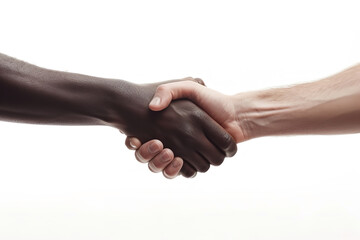 a dark-skinned man shakes hands with a light-skinned man, focus on the hands