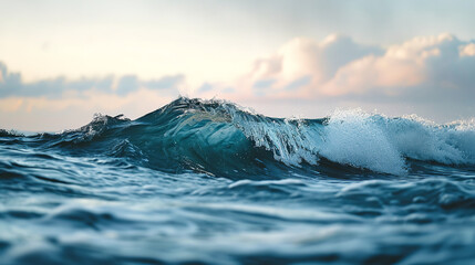a large body of water with a wave coming up from the top of the water and the bottom of the water with a light blue sky in the back ground - Powered by Adobe