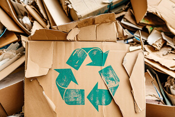 A pile of assorted paper and cardboard materials marked with the universal recycling symbol