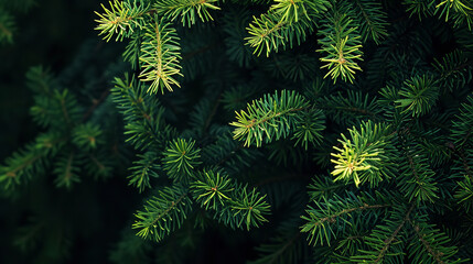 bright green pine needles set against dark, shadowy background