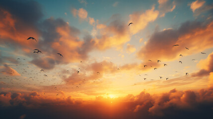A flock of birds in the sky with clouds - obrazy, fototapety, plakaty