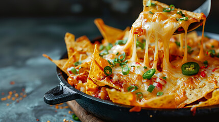 Chip pulled out of bowl of cheese covered nachos on dark background, food photography concept